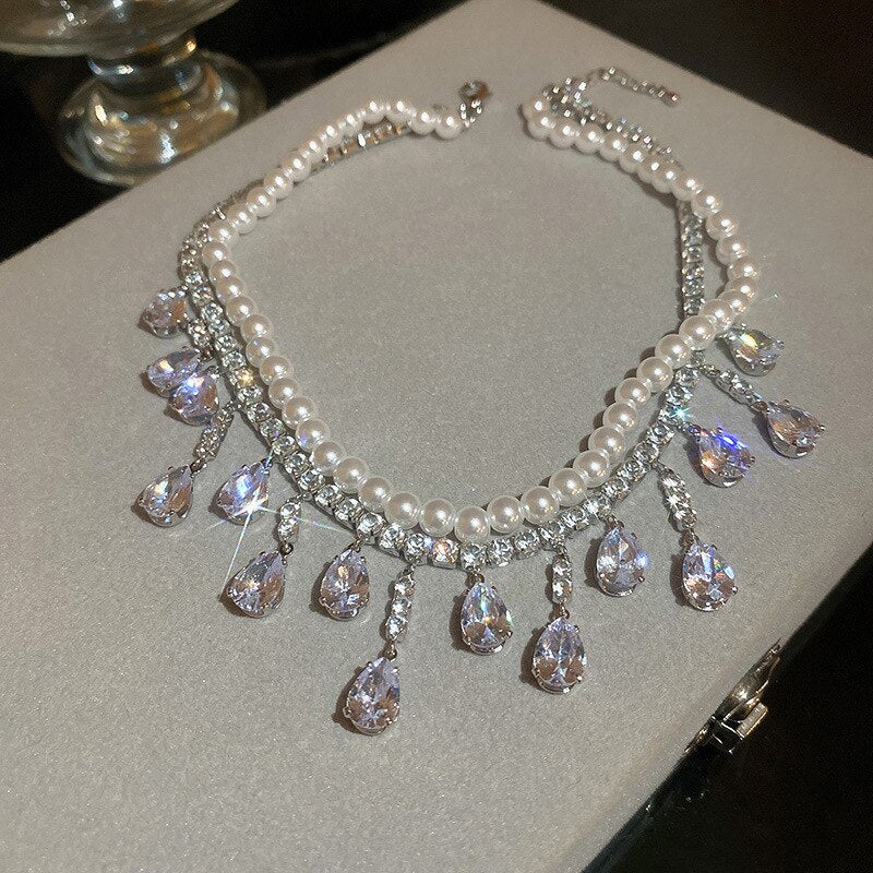 Luxury Pearl Tassel Crystal Necklace